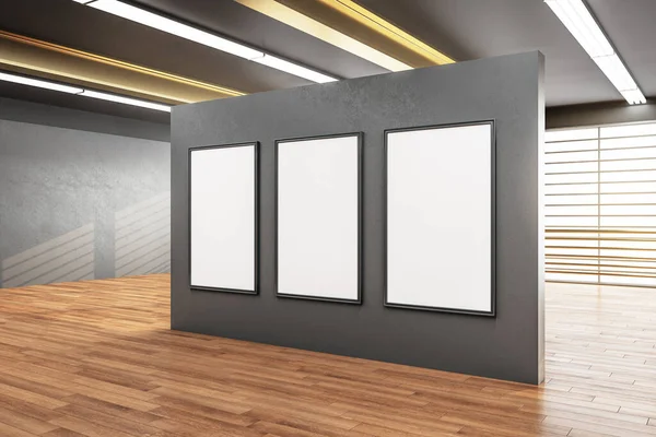 Drei Leere Plakate Grauer Wand Einem Modernen Geräumigen Saal Mit — Stockfoto