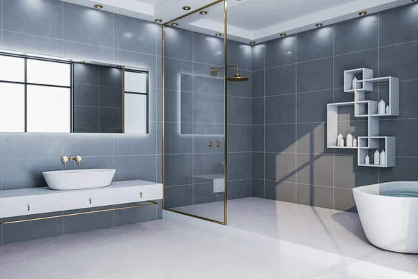 Aynalı Rahat Küvetli Modern Tavan Arası Banyosu Tarz Hijyen Kavramı — Stok fotoğraf