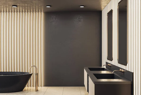 浴室有装饰木墙 空白墙壁和黑色浴池 风格和卫生概念 3D渲染 — 图库照片