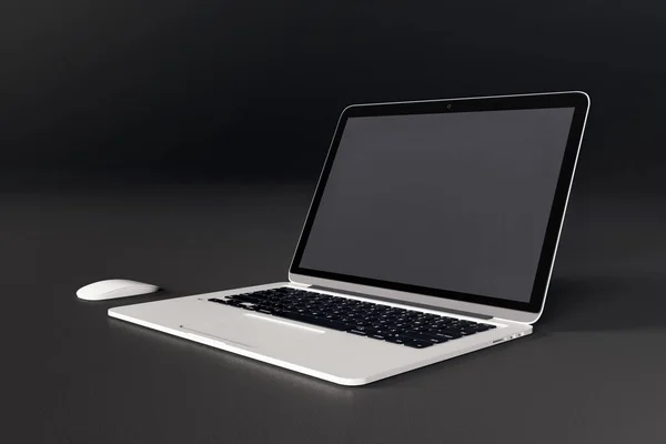 Laptop Pustym Czarnym Ekranem Pulpicie Biurowym Koncepcja Miejsca Pracy Stylu — Zdjęcie stockowe