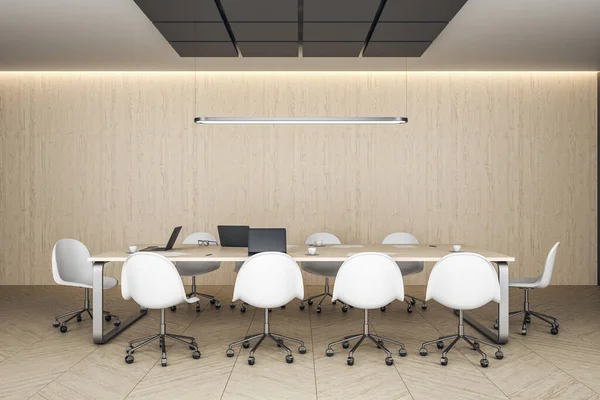Moderno Interior Conferencia Con Ordenador Portátil Equipo Mesa Lugar Trabajo — Foto de Stock