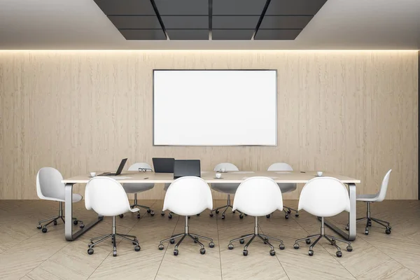 Interno Contemporaneo Conferenze Con Laptop Banner Bianco Parete Cemento Rendering — Foto Stock