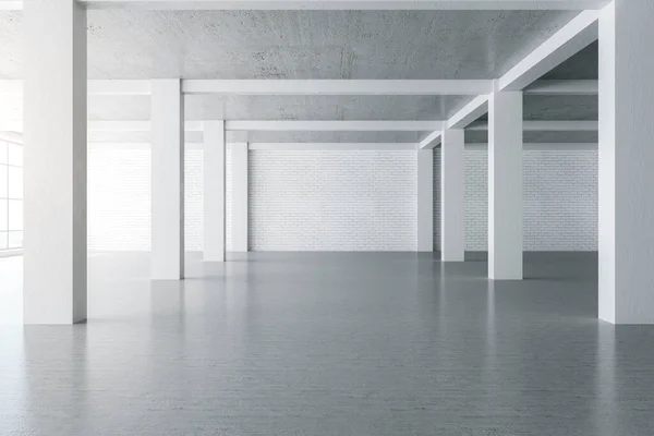 Zeitgenössisches Weißes Beton Interieur Mit Säulen Und Leerer Ziegelwand Rendering — Stockfoto