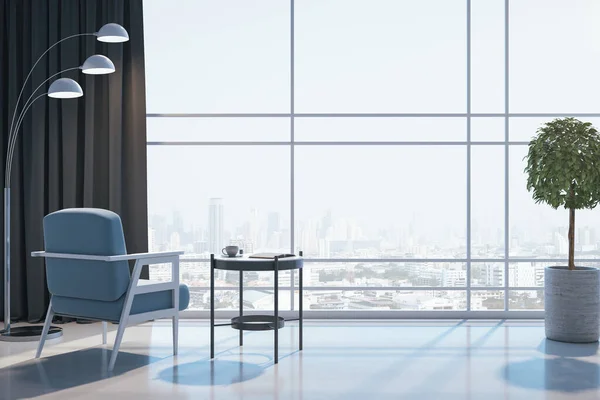 Empty living room with city view. Chair and table. Design and style concept. Mock up, 3D Rendering