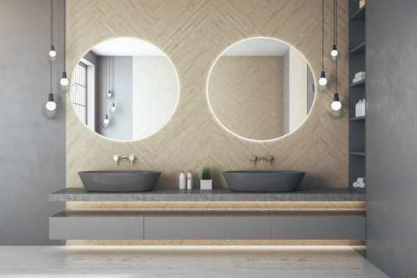 Luxury loft bathroom interior with two mirror on wall, comfortable bathtub and self care products. 3d rendering