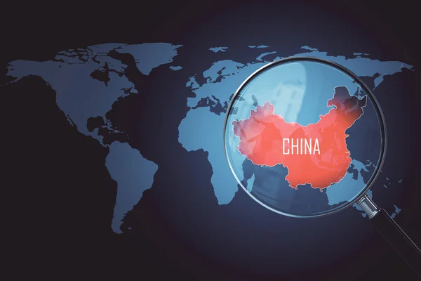 地図上の拡大鏡は中国の感染源を示している コロナウイルスのヘルス危機の概念 3Dレンダリング — ストック写真