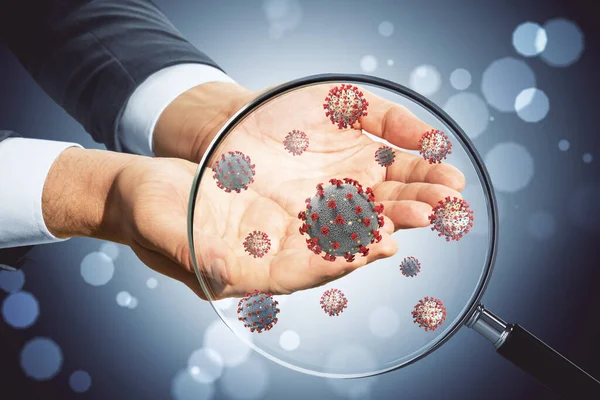 Virüs 2019 Ncov Bir Adamının Ellerine Büyüteçle Bulaştı Coronavirus Krizi — Stok fotoğraf