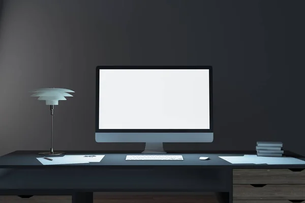 Modern desktop with blank personal computer screen. Workplace and lifestyle concept. Mock up, 3D Rendering