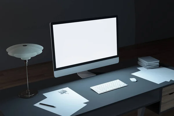 Desktop Minimalista Con Schermo Del Personal Computer Vuoto Luogo Lavoro — Foto Stock