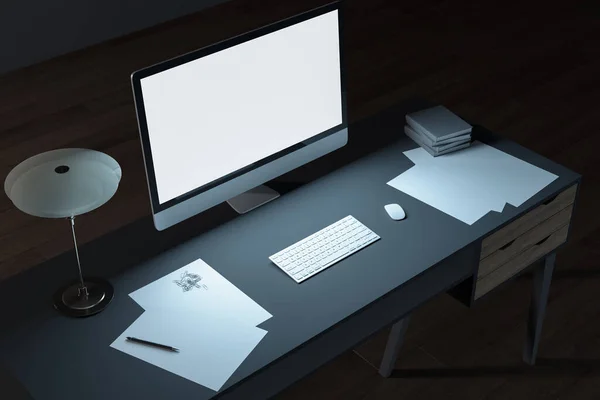 Minimalistic Dark Office Interior Blank Computer Screen Workplace Corporate Concept — Stock Photo, Image