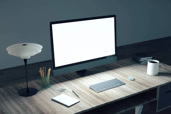 Modernes Dunkles Bürointerieur Mit Leerem Computerbildschirm Arbeitsplatz Und Unternehmenskonzept Mock — Stockfoto