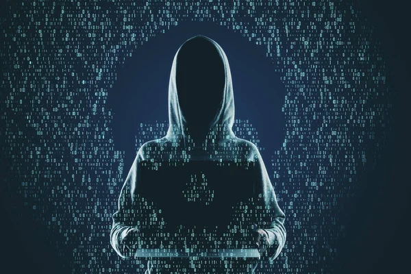 Hacker Κρατώντας Φορητό Υπολογιστή Αφηρημένο Σχήμα Κρανίου Hacking Και Επίθεση — Φωτογραφία Αρχείου