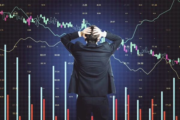 Scared Businessman Looking Glowing Stock Analytics Virtual Screen Global Business — Stock Photo, Image