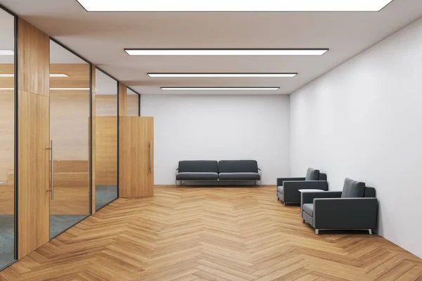 Ruang Tunggu Modern Dengan Kursi Dan Dinding Kayu Kosong Tempat — Stok Foto