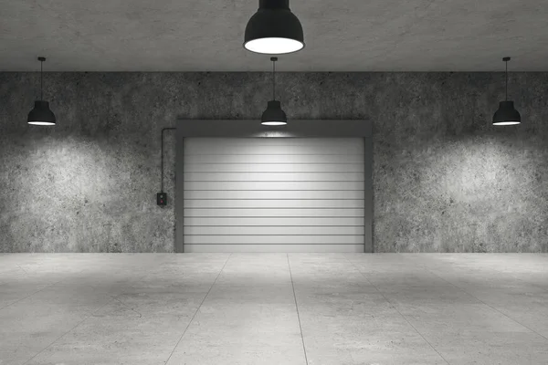 Empty warehouse interior with concrete flooring, lamps on ceiling and rolling gates, 3D Rendering
