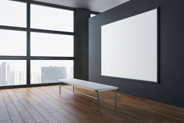 Modern exhibition hall interior with empty billboard on concrete wall, wooden floor, city view and daylight. Gallery concept. Mock up, 3D Rendering
