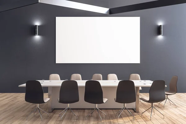 Minimalistic meeting interior with blank banner on wall.  Workplace and corporate concept. 3D Rendering