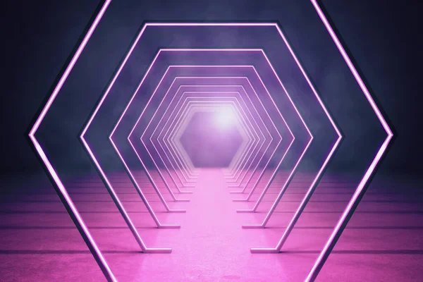 Pink interior with abstract luminous hexagon corridor. Innovation and modern concept. 3D Rendering