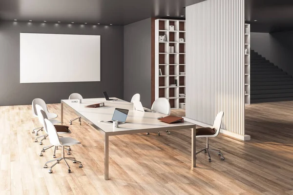Modern conference room interior with blank poster on wall. Workplace and corporate concept. 3D Rendering