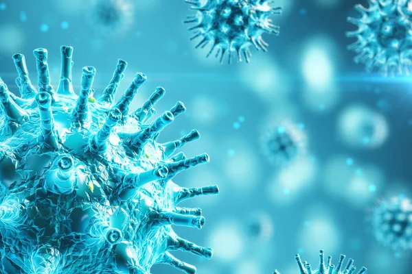 青いウイルス細胞の顕微鏡図2019 Nconv コロナウイルスのヘルス危機の概念 3Dレンダリング — ストック写真