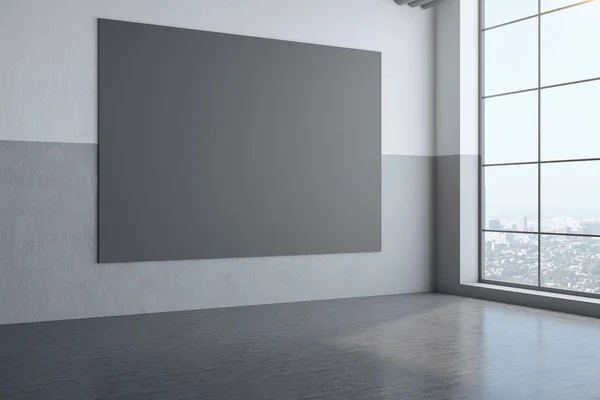 室内画廊 墙上有空白的灰色横幅 还有大都市的景观 列报概念 3D渲染 — 图库照片