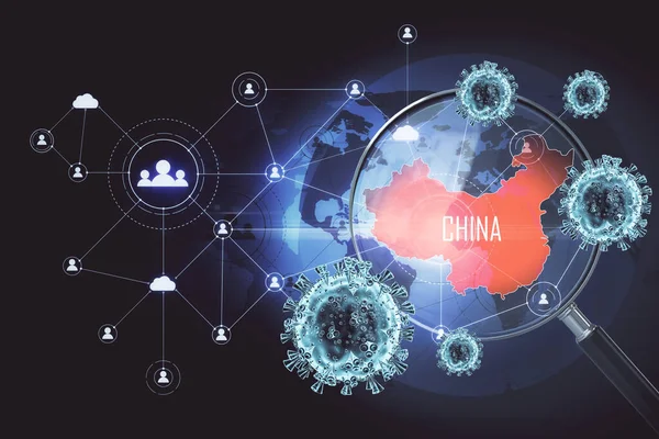 地図上の拡大鏡は 中国の感染源と画面上の遠隔作業ホログラムを示しています 3Dレンダリング — ストック写真