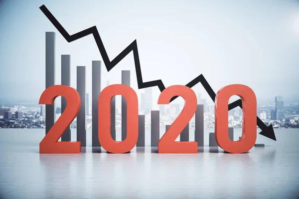 Afnemende Staafdiagram Dalende Zwarte Pijl 2020 Tekst Mondiale Bedrijfscrisis Financieel — Stockfoto