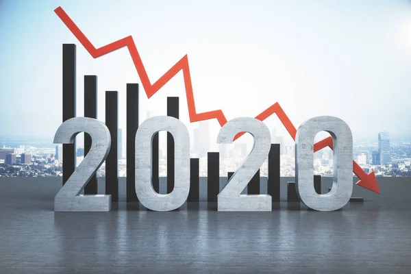 Declining Bar Chart Falling Red Arrow 2020 Text Global Business — Stock Photo, Image