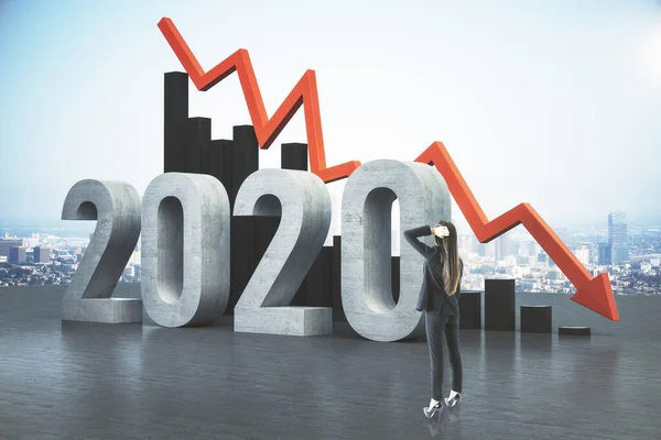 Businesswoman Looking Declining Chart Falling Red Arrow 2020 Text Global — Stock Photo, Image