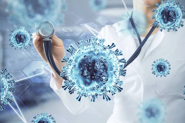 Steteskop Parlayan Koronavirüs 2019 Ncov Gribi Enfeksiyonu Olan Bir Doktor — Stok fotoğraf