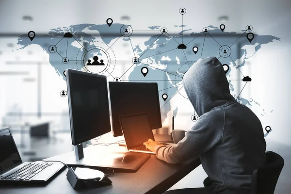 Hacker using computer with remote work interface on blue world map. Global remote access chain communication concept.