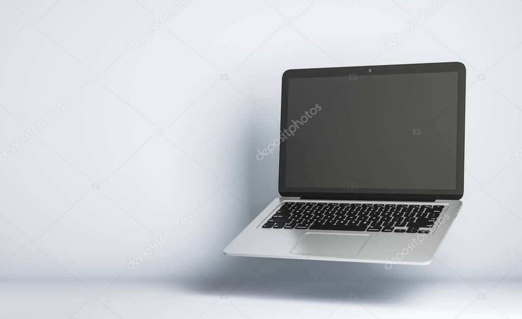 Close up of empty black laptop screen on white background. Technology, communication and programming concept. Mock up, 3D Rendering