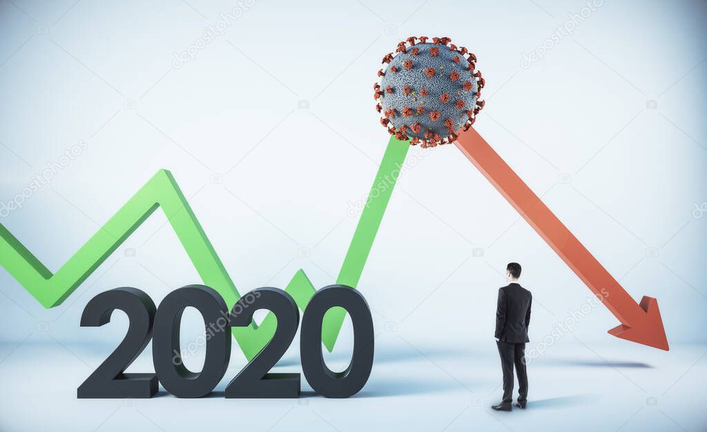 Businessman looking on  forex chart and germ virus bacteria coronavirus 2019-nCov. Coronavirus helath and trade 2020 crisis concept
