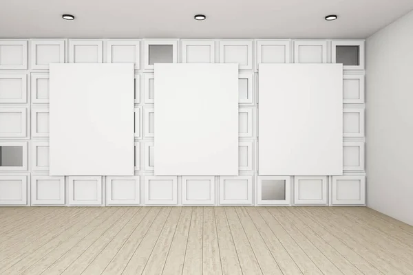 Minimalistic Interior Room Three Empty Billboard Decorative Wall Performance Presentation — Stock Photo, Image