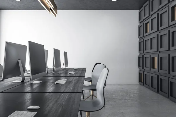 Interior Escritório Coworking Moderno Com Computadores Móveis Parede Branco Renderização — Fotografia de Stock