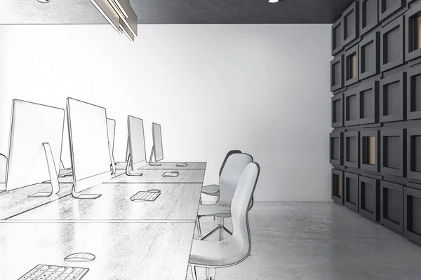 Disegno Moderno Ufficio Coworking Interno Con Computer Mobili Parete Vuota — Foto Stock