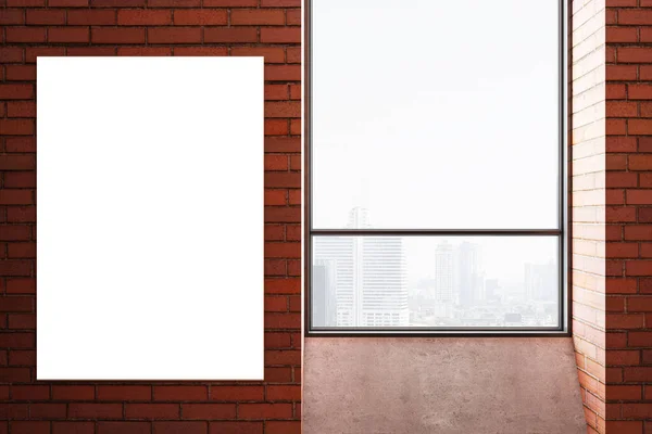 Minimalistic Interior Poster Red Brick Wall City View Gallery Presentation — Stock Photo, Image