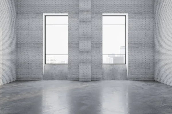 Galeria Contemporânea Interior Com Parede Tijolo Branco Duas Janelas Vista — Fotografia de Stock