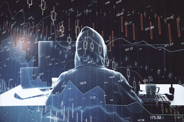 Hacker using computer with recession stock chart on screen interface. Trade and finance depression concept. Double exposure.