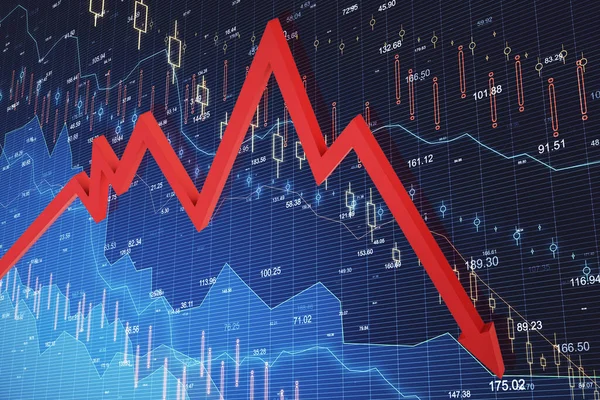 Rezessionsdiagramm Auf Dem Bildschirm Mit Rotem Pfeil Handels Und Finanzierungskonzept — Stockfoto