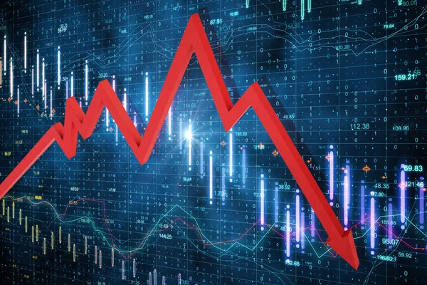 Fallande Börsstatistik Med Röd Pil Skärmen Handels Och Finanskris Återgivning — Stockfoto