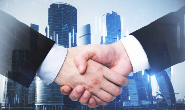 Business Partnership Double Exposure Handshaking Men Abstract Financial Chart Occupation — Stock Photo, Image