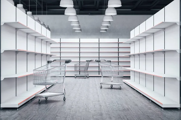 Empty shop shelves and shopping trolley cart. Business and retail concept. 3D Rendering
