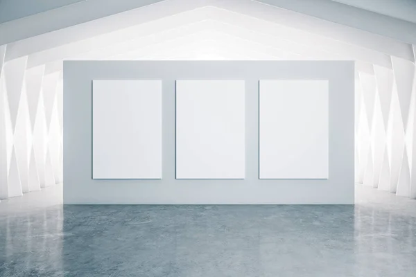 Minimalistic Gallery Interior Hall Three Empty Posters Wall Museum Exhibition — Stock Photo, Image