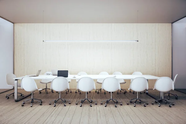 Modern Konferensinteriör Med Laptop Och Utrustning Bordet Arbetsplats Och Företagskoncept — Stockfoto