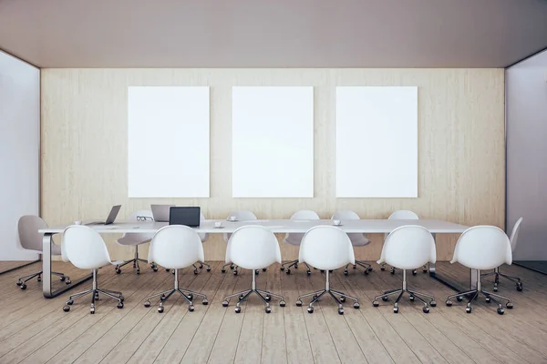 Contemporary Conference Interior Laptop Three Blank Banner Concrete Wall Workplace — Stock Photo, Image