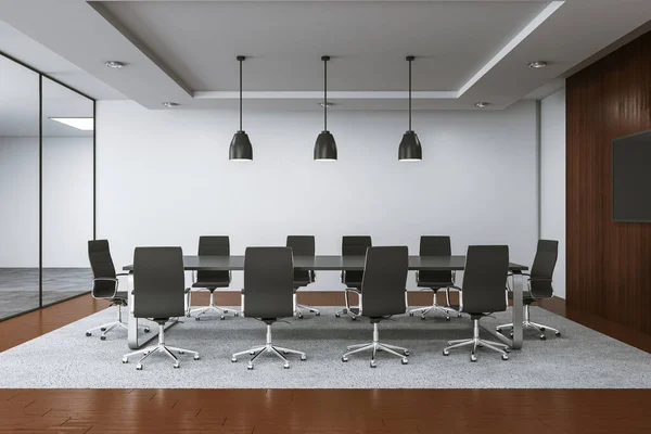 Modern meeting room interior with blank tv screen on wall. Business and teamwork concept. 3D Rendering