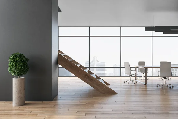 Conference room interior in loft style with city view and wooden stairs.  Workplace and corporate concept. 3D Rendering