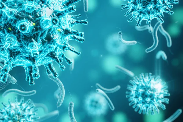 Microscopic view of blue virus cells 2019-nCov. Coronavirus helath crisis concept. Close up. 3D Rendering