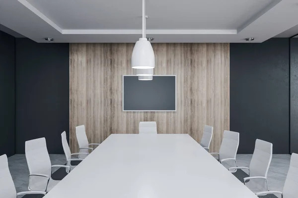 Modern conference room interior with blank tv screen. Workplace and corporate concept. 3D Rendering
